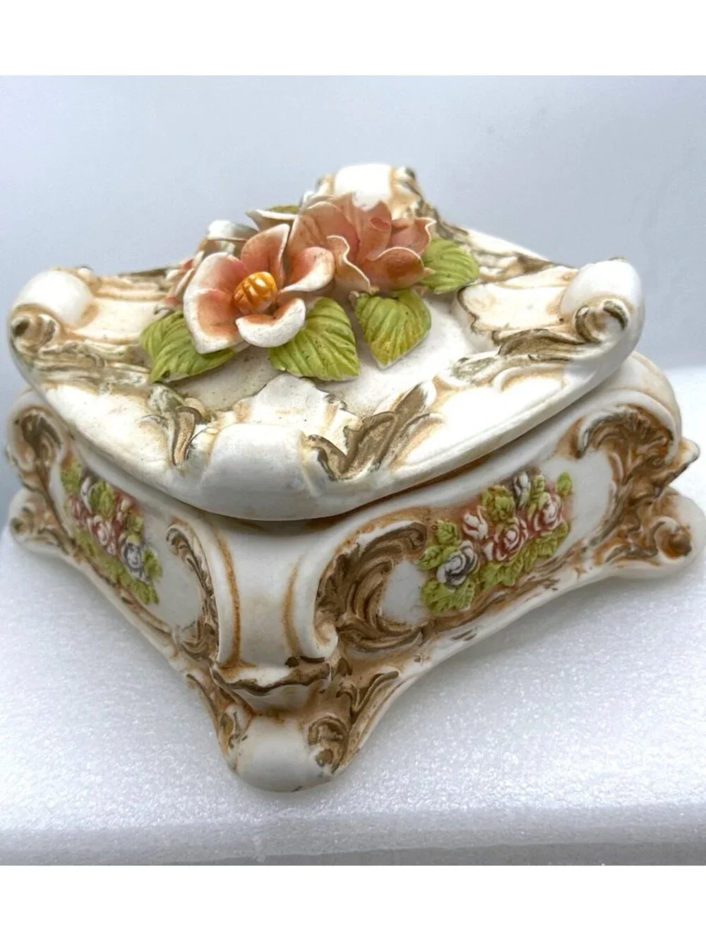 Vintage Porcelain Trinket Box Floral Lidded Footed Bisque Italian Style FLAWED